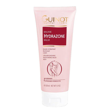 Guinot Hydrazone Balm body moisturiser in a 200ml pink tube, ideal for nourishing very dry skin with 24-hour hydration and protection.