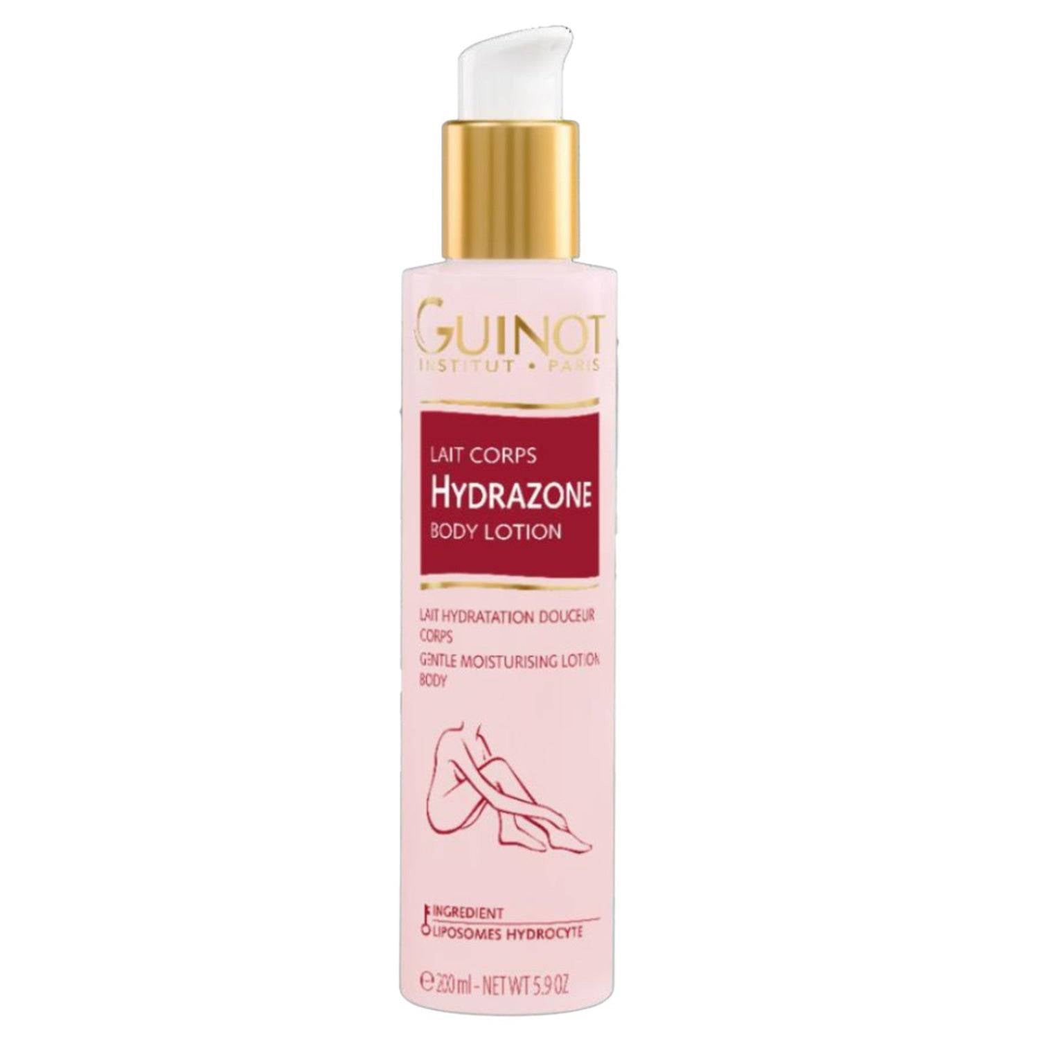 Guinot Hydrazone Lotion body moisturiser in a 200ml pump bottle, designed for 24-hour skin hydration and comfort in body care routines.