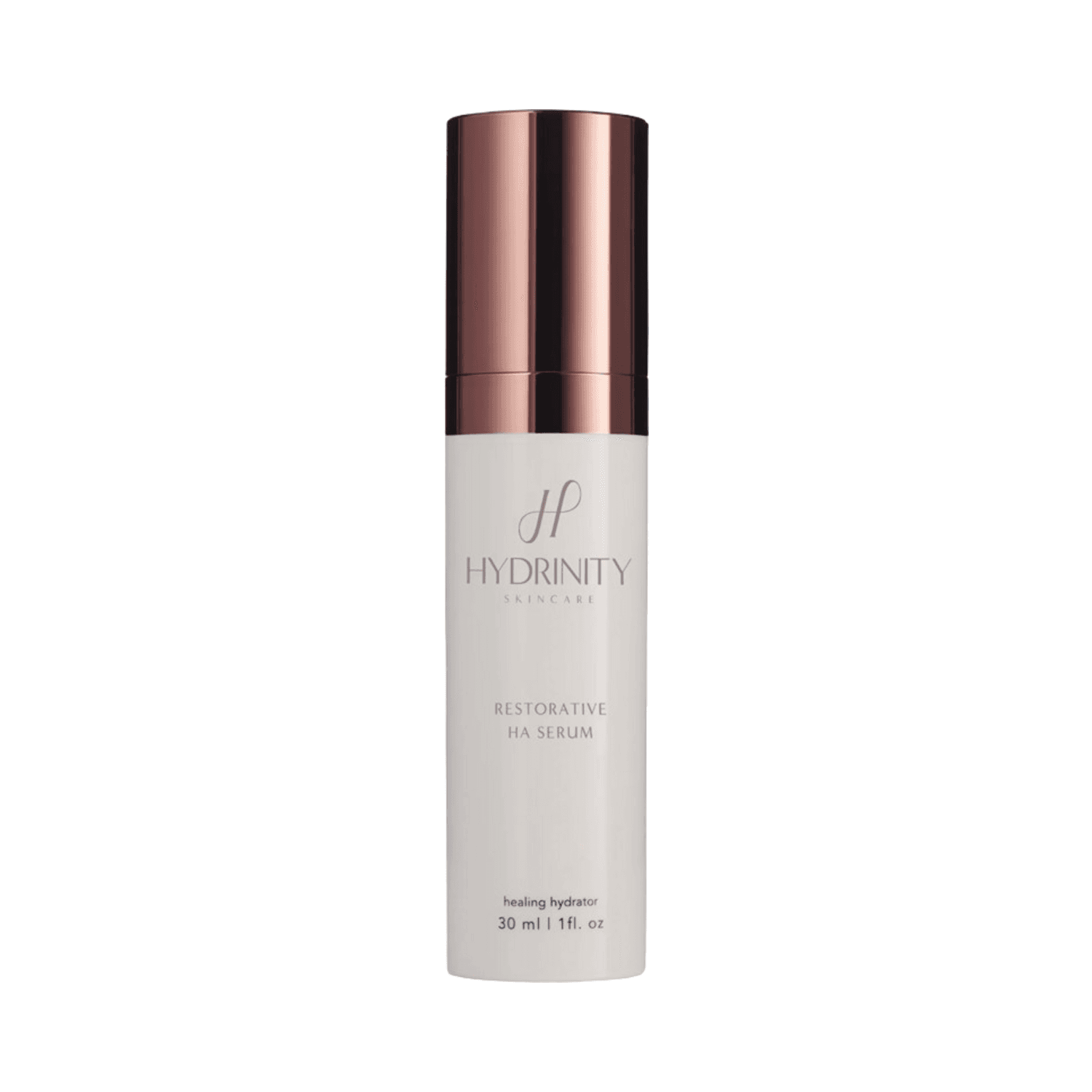 Hydrinity Restorative HA Serum in sleek white and rose gold bottle, ideal for dry and mature skin. Buy Hyaluronic Acid Serums Online for deep hydration.