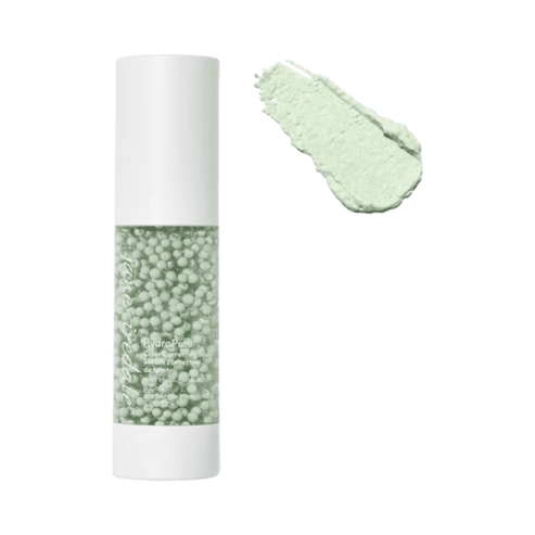 jane iredale HydroPure Color Correcting Serum with green cream swatch, ideal for soothing redness and prepping skin for makeup.