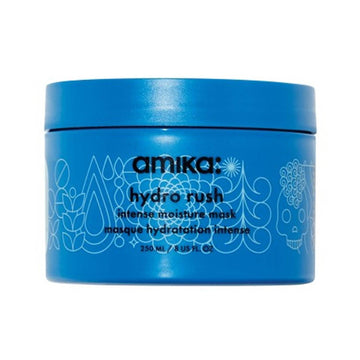 Amika Hydro Rush Moisture Mask in a vibrant blue 250ml jar, a hydrating hair treatment for dry hair with squalane and hyaluronic acid.