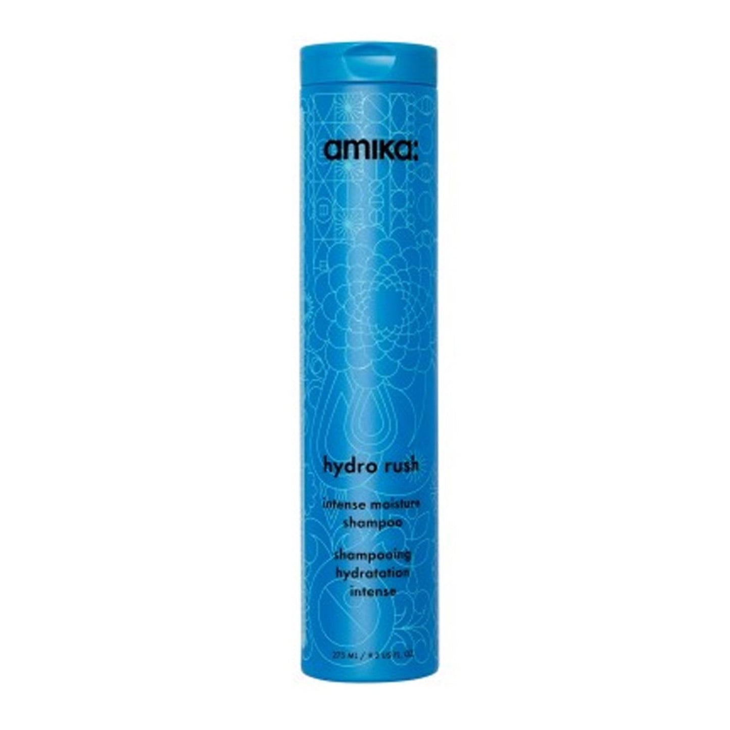 Amika Hydro Rush Intense Moisture Shampoo in a tall blue bottle with modern design, ideal for dry hair hydration and gentle cleansing.
