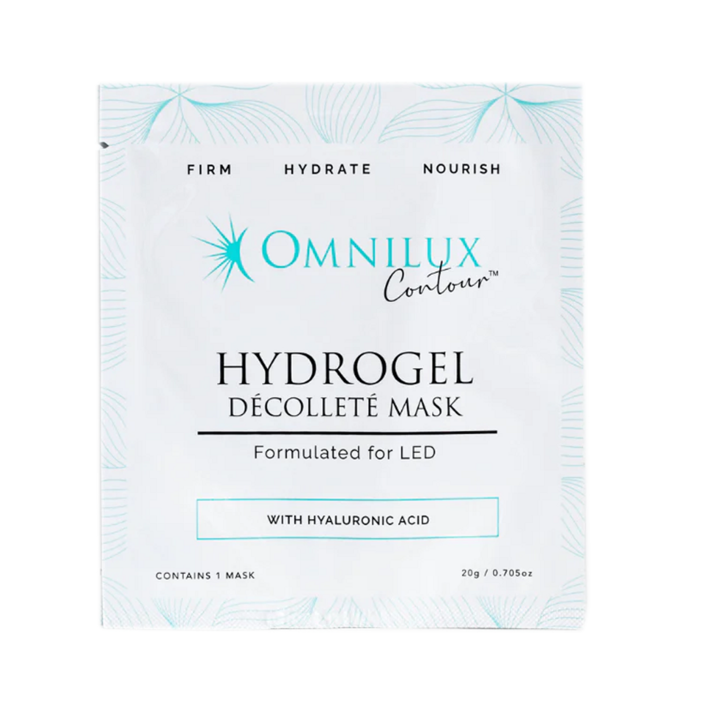 Omnilux Hydrogel Decollete Mask Body Treatment packaging highlighting LED compatibility and hyaluronic acid benefits.