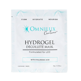 Omnilux Hydrogel Decollete Mask Body Treatment packaging highlighting LED compatibility and hyaluronic acid benefits.