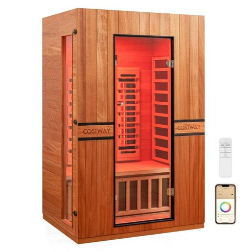Costway 2-Person Dual Therapy Full Spectrum Infrared Sauna with Red Light Panel, WiFi App Control, Chromotherapy & Bluetooth – Okoume Wood- Fully Loaded Indoor Spa