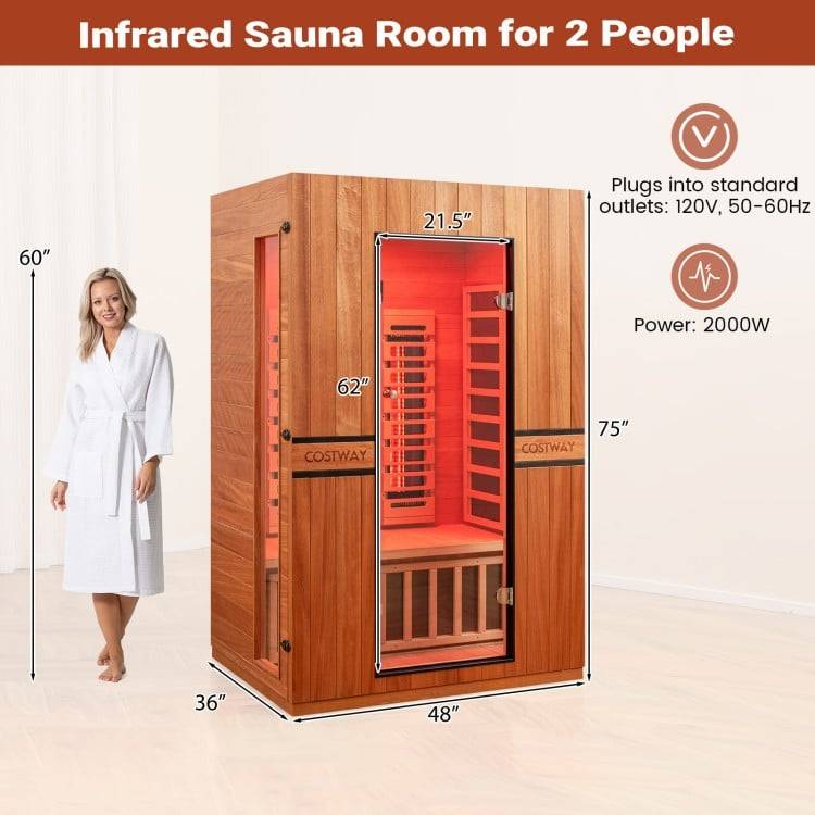 Costway 2-Person Dual Therapy Full Spectrum Infrared Sauna with Red Light Panel, WiFi App Control, Chromotherapy & Bluetooth – Okoume Wood- Fully Loaded Indoor Spa