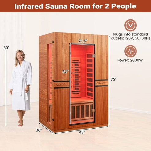 Costway 2-Person Dual Therapy Full Spectrum Infrared Sauna with Red Light Panel, WiFi App Control, Chromotherapy & Bluetooth – Okoume Wood- Fully Loaded Indoor Spa