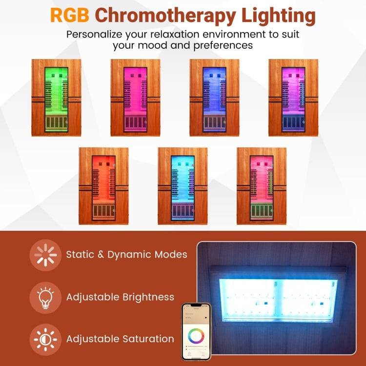 Costway 2-Person Dual Therapy Full Spectrum Infrared Sauna with Red Light Panel, WiFi App Control, Chromotherapy & Bluetooth – Okoume Wood- Fully Loaded Indoor Spa
