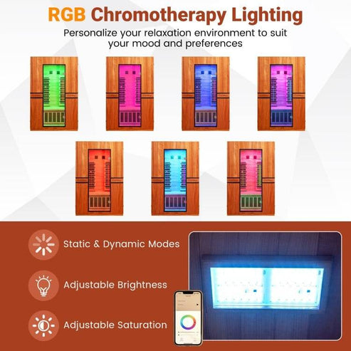 Costway 2-Person Dual Therapy Full Spectrum Infrared Sauna with Red Light Panel, WiFi App Control, Chromotherapy & Bluetooth – Okoume Wood- Fully Loaded Indoor Spa