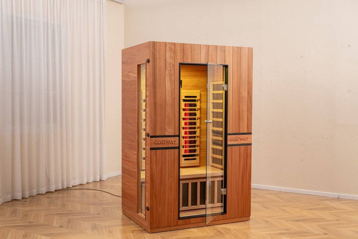Costway 2-Person Dual Therapy Full Spectrum Infrared Sauna with Red Light Panel, WiFi App Control, Chromotherapy & Bluetooth – Okoume Wood- Fully Loaded Indoor Spa