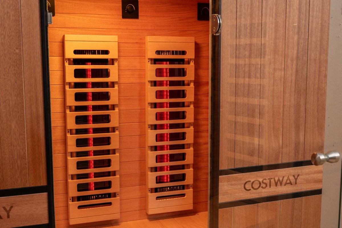 Costway 2-Person Dual Therapy Full Spectrum Infrared Sauna with Red Light Panel, WiFi App Control, Chromotherapy & Bluetooth – Okoume Wood- Fully Loaded Indoor Spa