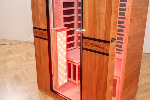 Costway 2-Person Dual Therapy Full Spectrum Infrared Sauna with Red Light Panel, WiFi App Control, Chromotherapy & Bluetooth – Okoume Wood- Fully Loaded Indoor Spa