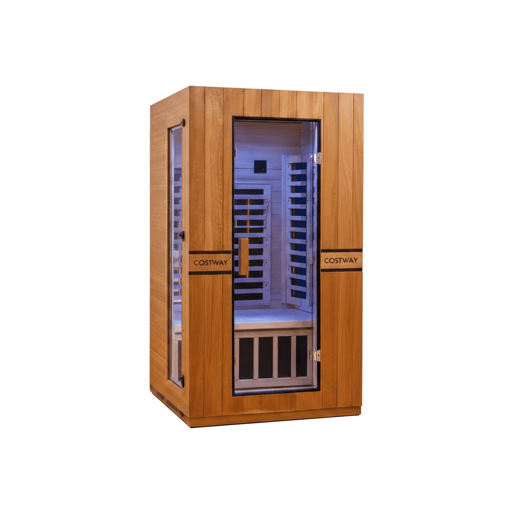 Costway 2-Person Dual Therapy Full Spectrum Infrared Sauna with Red Light Panel, WiFi App Control, Chromotherapy & Bluetooth – Okoume Wood- Fully Loaded Indoor Spa