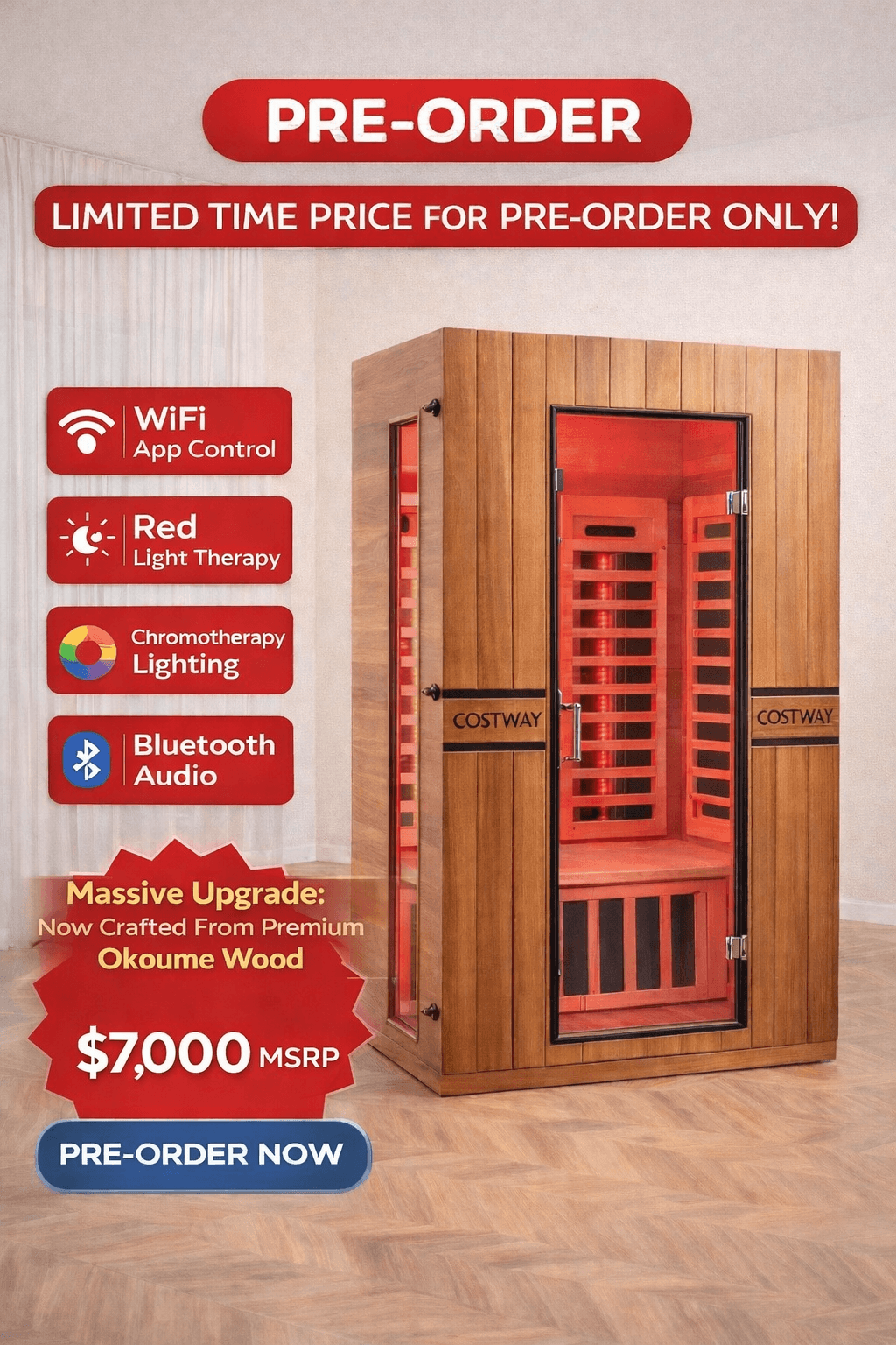 Costway 2-Person Dual Therapy Full Spectrum Infrared Sauna with Red Light Panel, WiFi App Control, Chromotherapy & Bluetooth – Okoume Wood- Fully Loaded Indoor Spa