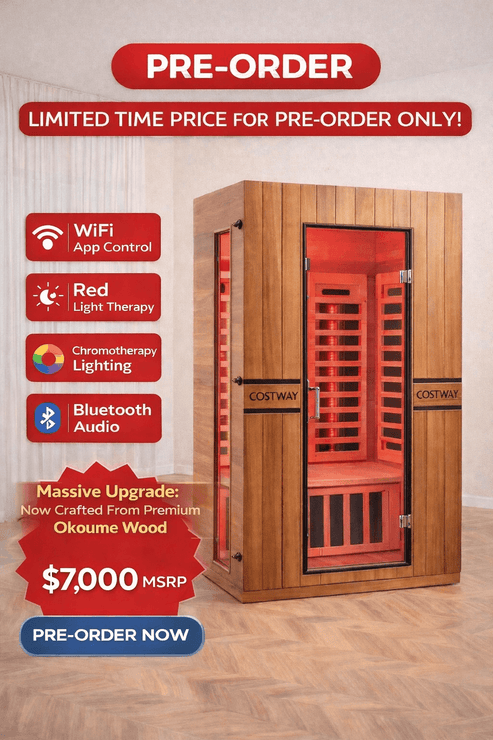 Costway 2-Person Dual Therapy Full Spectrum Infrared Sauna with Red Light Panel, WiFi App Control, Chromotherapy & Bluetooth – Okoume Wood- Fully Loaded Indoor Spa