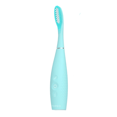 Foreo ISSA 4 Toothbrush in refreshing aqua blue, featuring Sonic Pulse technology for superior oral hygiene. USB rechargeable and travel-friendly.