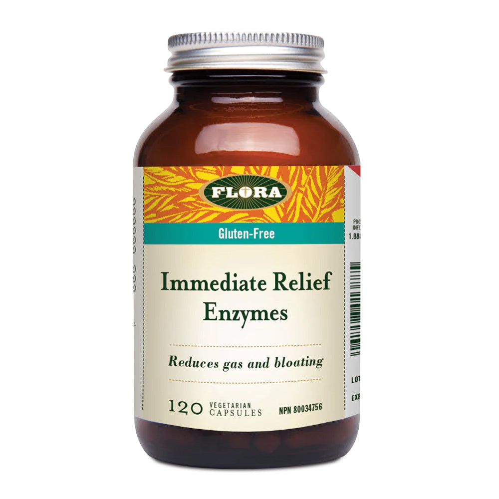 Flora Immediate Relief Enzymes 120 capsules bottle. Gluten-free digestive supplement for improved digestion and enzyme support.