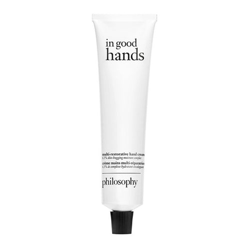 Philosophy In Good Hands Multi-Restorative Hand Cream 4 fl oz, designed for skin barrier repair and long-lasting moisture in minimalist packaging.