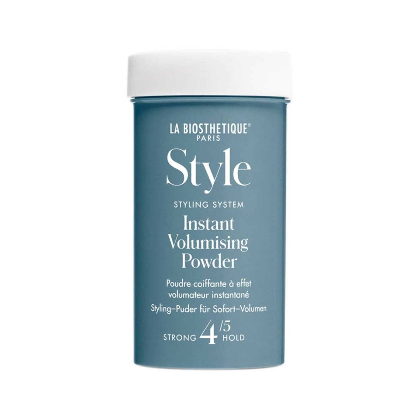 La Biosthetique Volumising Hair Powder - Instant Volume in a sleek blue container with white cap, offering strong hold for instant hair lift.