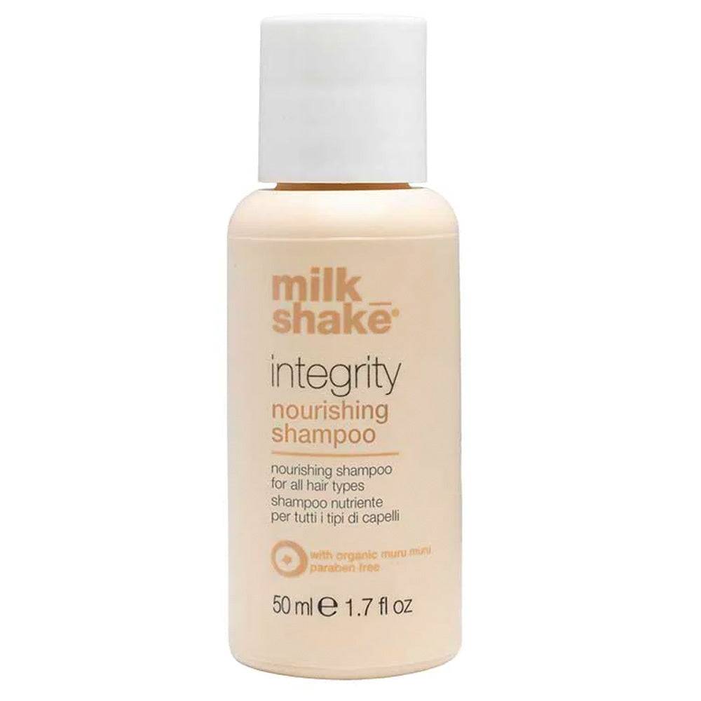 Nourish hair with milk_shake Integrity Shampoo in travel-size 50ml. Ideal for maintaining vibrant hair color and gentle cleansing.