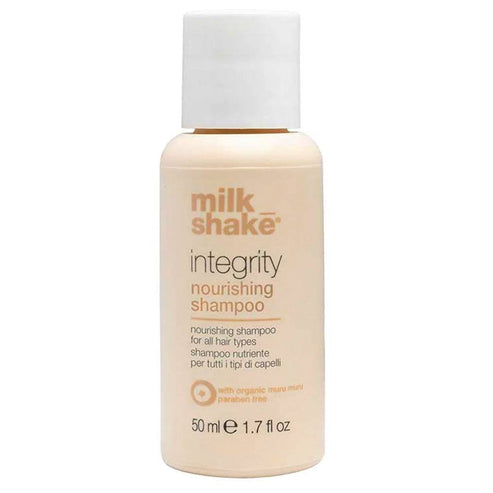 Nourish hair with milk_shake Integrity Shampoo in travel-size 50ml. Ideal for maintaining vibrant hair color and gentle cleansing.