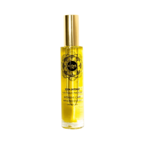 Kos Paris Intense Care with 5 Precious Oils in a sleek glass bottle with gold cap. Premium oil hair treatment for nourishment and shine.