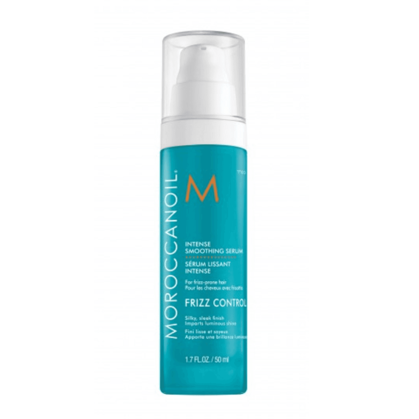 Frizz control hair treatment Moroccanoil Smoothing Serum in turquoise pump bottle. Nourishes and smooths hair for a sleek, salon-quality finish.