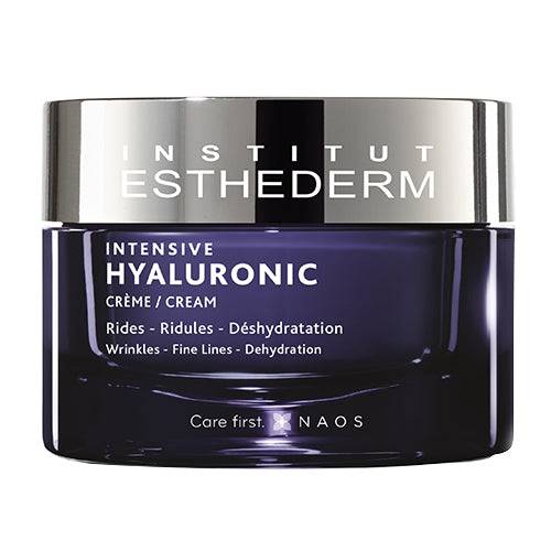 Institut Esthederm Intensive Hyaluronic Cream 50 ml jar for dry skin, enriched with hyaluronic acid, adenosine, and soy protein for deep hydration.
