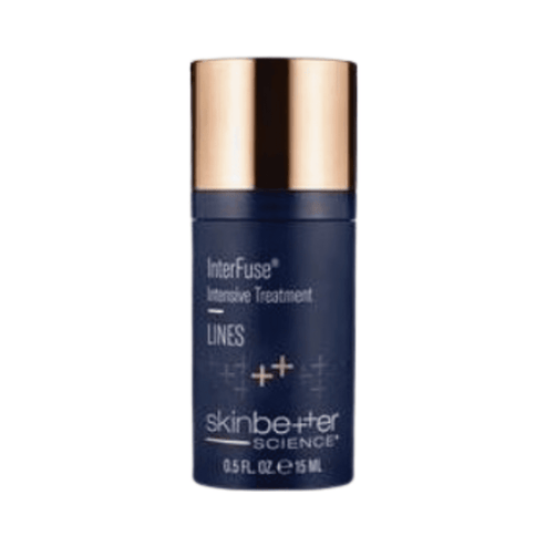 Skinbetter Interfuse Lines treatment bottle featuring advanced hyaluronic solution for deep expression lines and mature skin care.