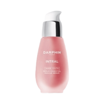 Darphin Intral Rescue Eye Cream in a sleek pink pump bottle with silver cap, ideal for daily skincare to maintain youthful under-eye skin.
