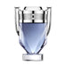 Fragancia masculina Paco Rabanne Invictus Eau de Toilette en un elegante frasco plateado y azul, que simboliza fuerza y ​​rendimiento.