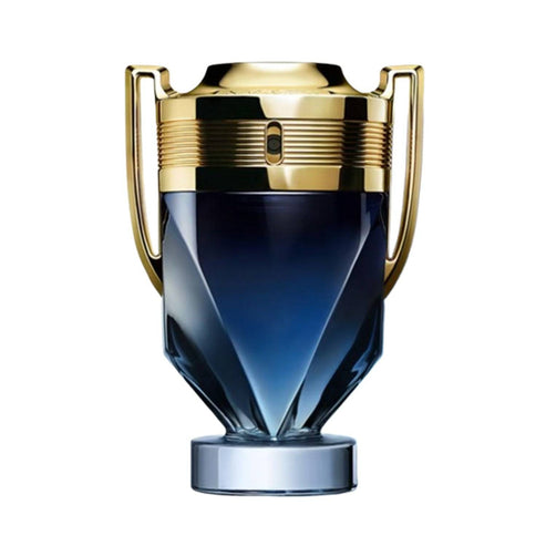 Paco Rabanne Invictus Parfum men's fragrance in a trophy-shaped bottle with gold accents, symbolizing strength and victory.