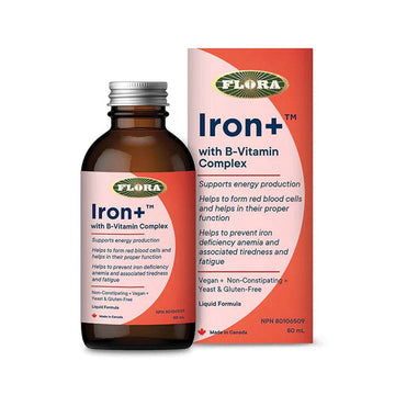 Flora Iron+ Liquid - Iron Liquid Supplement with B-Vitamin Complex in 80 mL bottle. Supports energy and iron deficiency recovery.