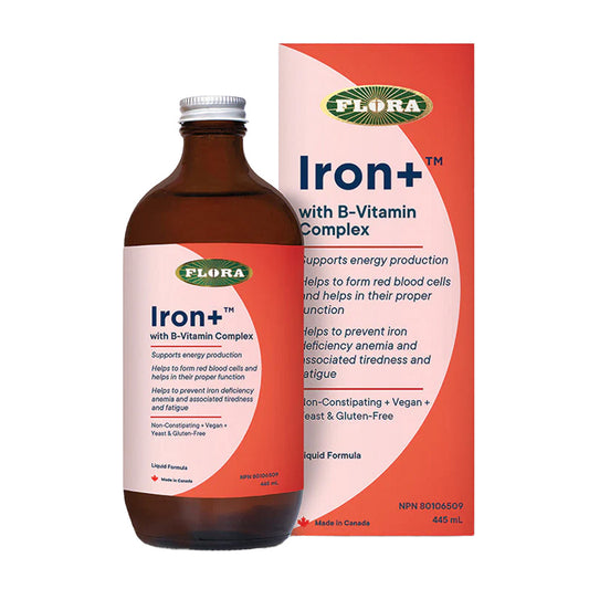 Flora Iron+ Liquid Supplement 445 mL for energy and red blood cell support. Gluten-free, vegan iron formula ideal for daily health routines.