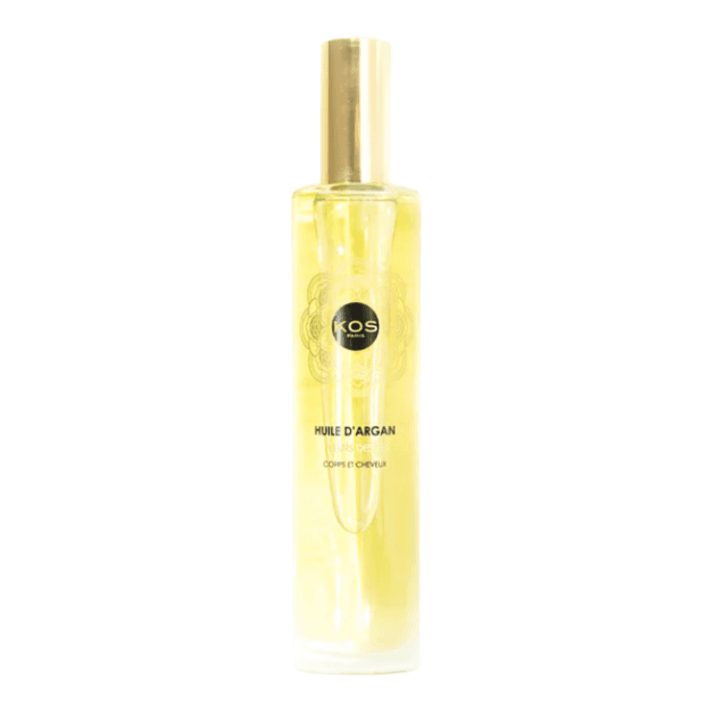 Kos Paris Argan Oil - Island Flowers in a sleek glass bottle with gold cap, ideal for deep hydration and skin nourishment.