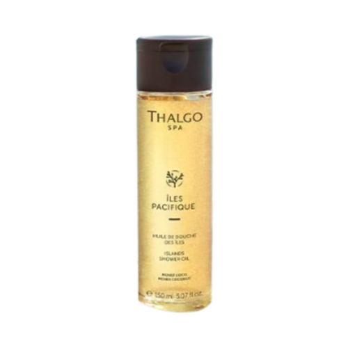 Thalgo Islands Shower Oil i elegant 150 ml emballasje, ideell for å nære tørr hud med en tropisk monoi-kokosnøttduft.