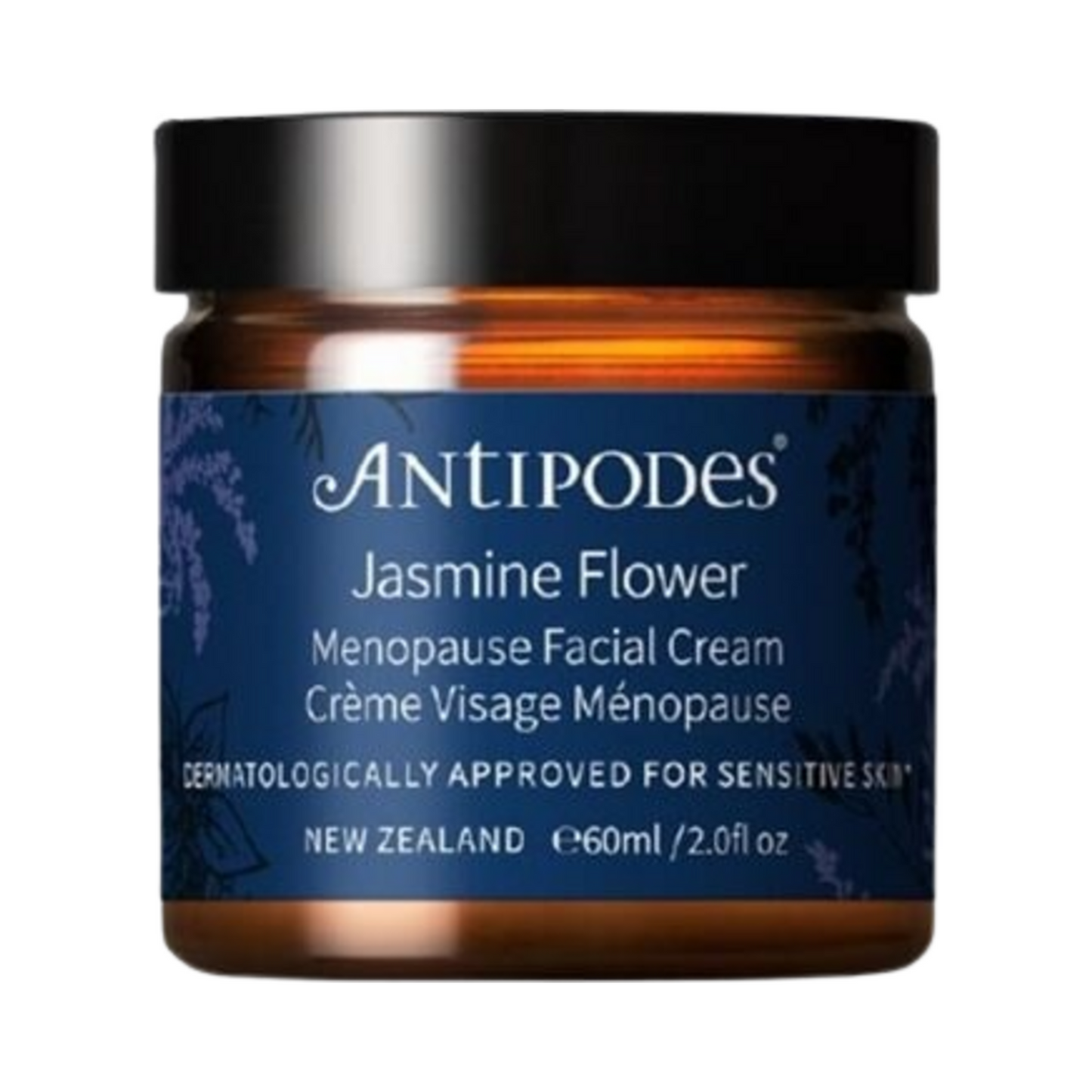 Antipodes Jasmine Menopause Facial Cream in 60ml amber jar, designed for sensitive skin and targeted menopause skincare support.