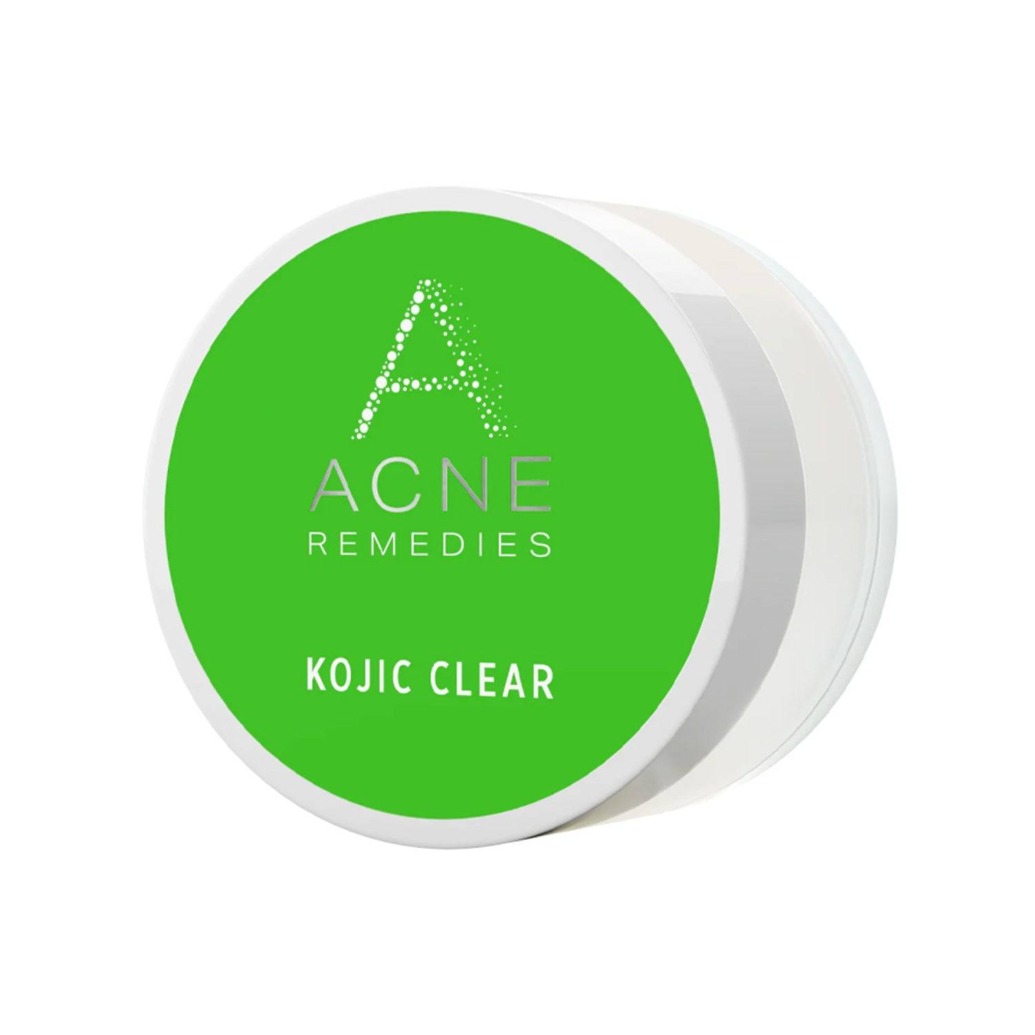 Rhonda Allison Kojic Clear Mask 15 ml jar with green lid labeled 'Acne Remedies Kojic Clear' for reducing blemishes and scars.