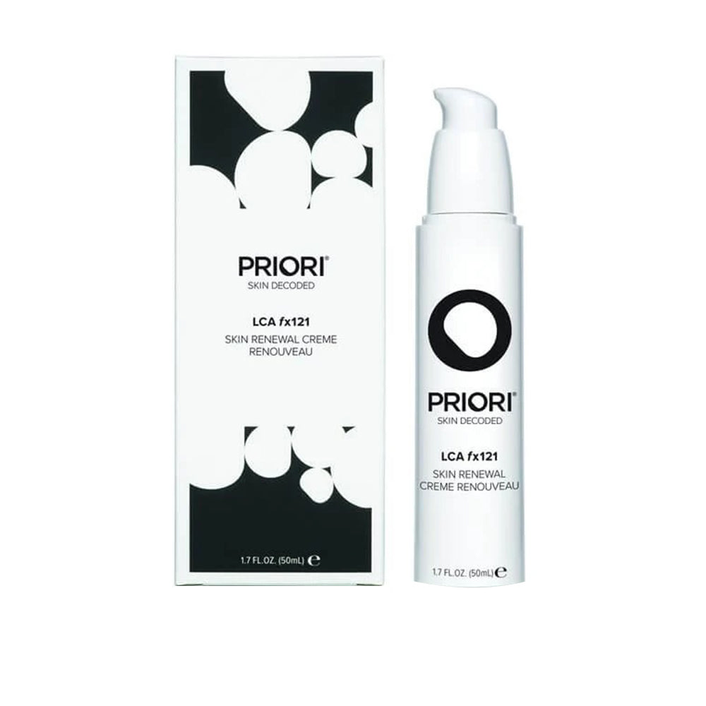 Priori LCA fx121 Skin Renewal Creme with product box, a face cream designed for anti-aging and skin rejuvenation in skincare routines.