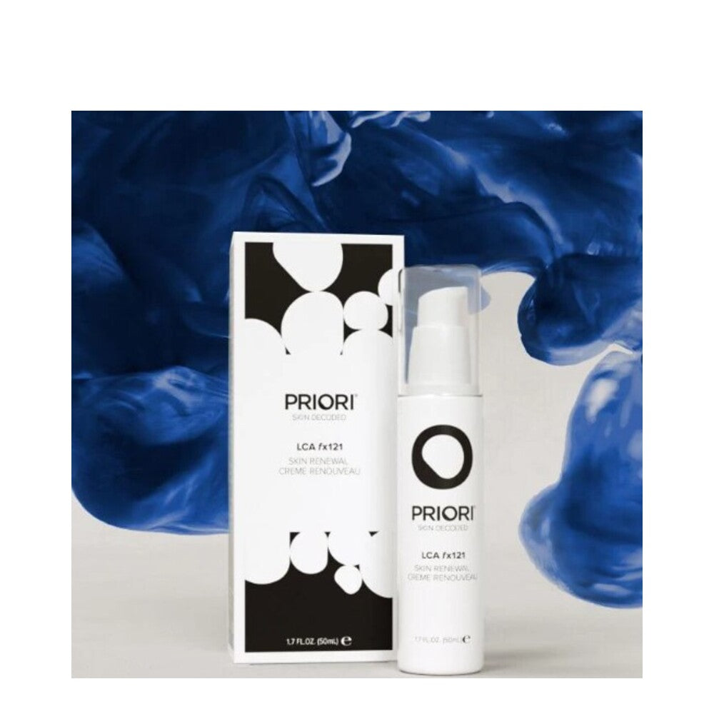 Priori LCA fx121 Skin Renewal Creme and box displayed with artistic blue background, emphasizing luxury skincare branding.