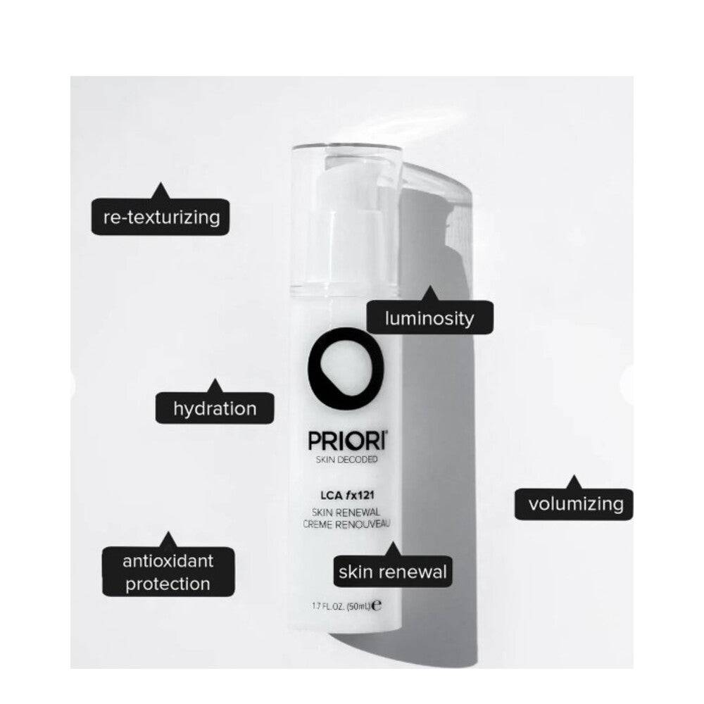 Priori LCA fx121 Skin Renewal Creme with labeled benefits like hydration, luminosity, and skin renewal for fine line reduction.