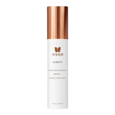 VivierSkin LEXXEL Cream in sleek white and rose gold bottle, hypoallergenic and non-comedogenic moisturizer for dry and sensitive skin.