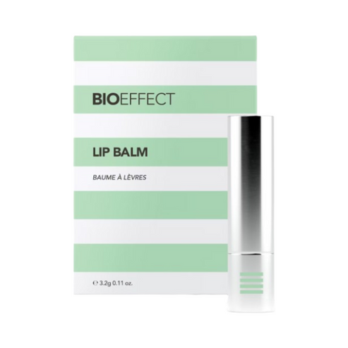 BIOEFFECT Lip Balm with box packaging in mint green and white stripes, offering daily lip care with hydrating ingredients.