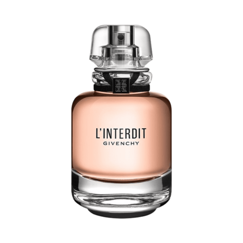 Givenchy L'Interdit EDP - Elegant Perfume bottle with peach-toned liquid in a clear glass design, ideal for women's fragrance collections.