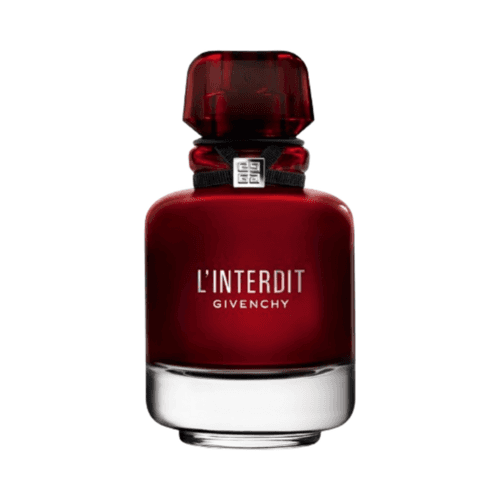 Givenchy L'Interdit Rouge women's fragrance in a luxurious red bottle, highlighting its sensual and forbidden allure in premium perfumes.