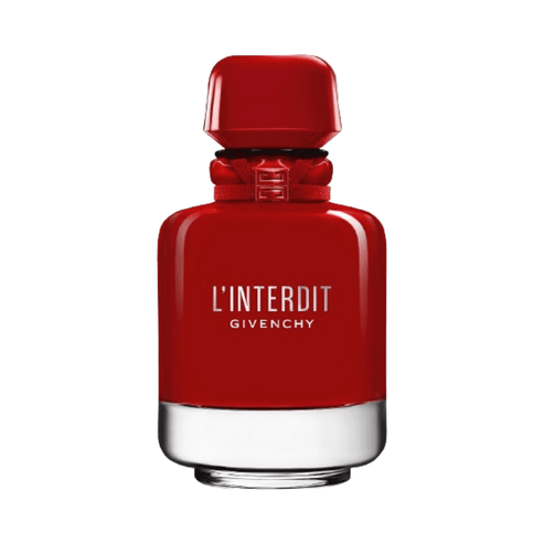 Givenchy L'Interdit Rouge Ultime EDP in sleek red glass bottle, a bold and elegant women's perfume with floral and cacao notes.
