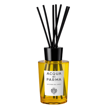 Acqua Di Parma Room Diffuser - La Casa Sul Lago with black reeds in amber glass bottle. Elegant home fragrance for a tranquil, luxurious atmosphere.