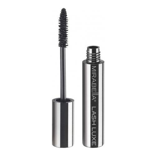 Lash Luxe Mascara - Volumizing Black by Mirabella, featuring sleek silver packaging and a precision brush for clump-free lash enhancement.