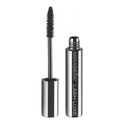Lash Luxe Mascara - Volumizing Black by Mirabella, featuring sleek silver packaging and a precision brush for clump-free lash enhancement.
