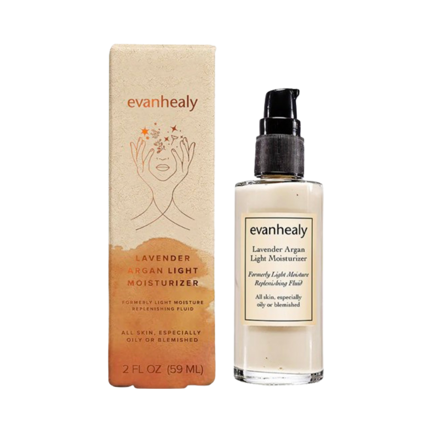 Evanhealy Lavender Argan Light Moisturizer with outer packaging, 2 fl oz size, antioxidant-rich skincare from eSkinStore.